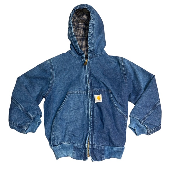 Vintage Carhartt Denim Hooded Blanket Lined Jacket Y07 DST Youth Size Small - Picture 1 of 9